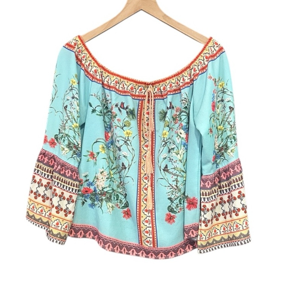 Umgee Floral Off the Shoulder Boho Blouse Bell Sleeves Women’s Size Medium - Picture 2 of 8